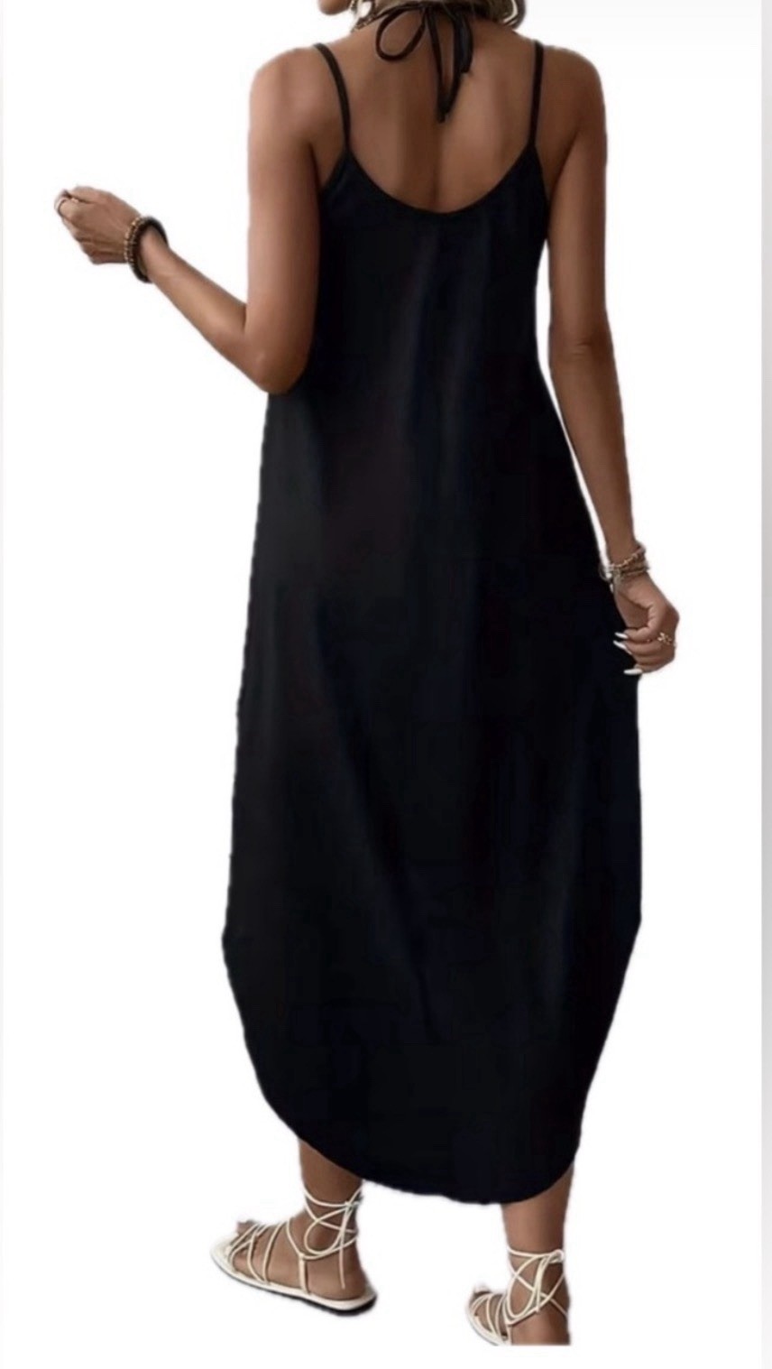 Women’s L Blue Solid V-Neck Strappy Sleeveless Maxi Slip Dress Polyester
