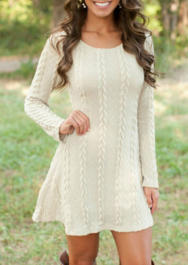 Knitted Sweater Mini Long Sleeve Blouse Women Sweatshirt Dress Tunic Cable