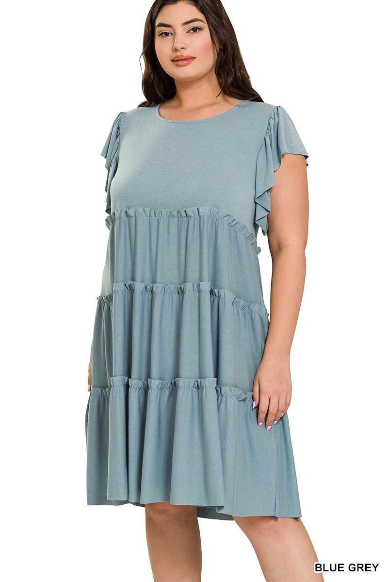 1X 2X 3X Women’s Short Ruffle Sleeve Tiered Short Dress Relaxed Fit Knee Length