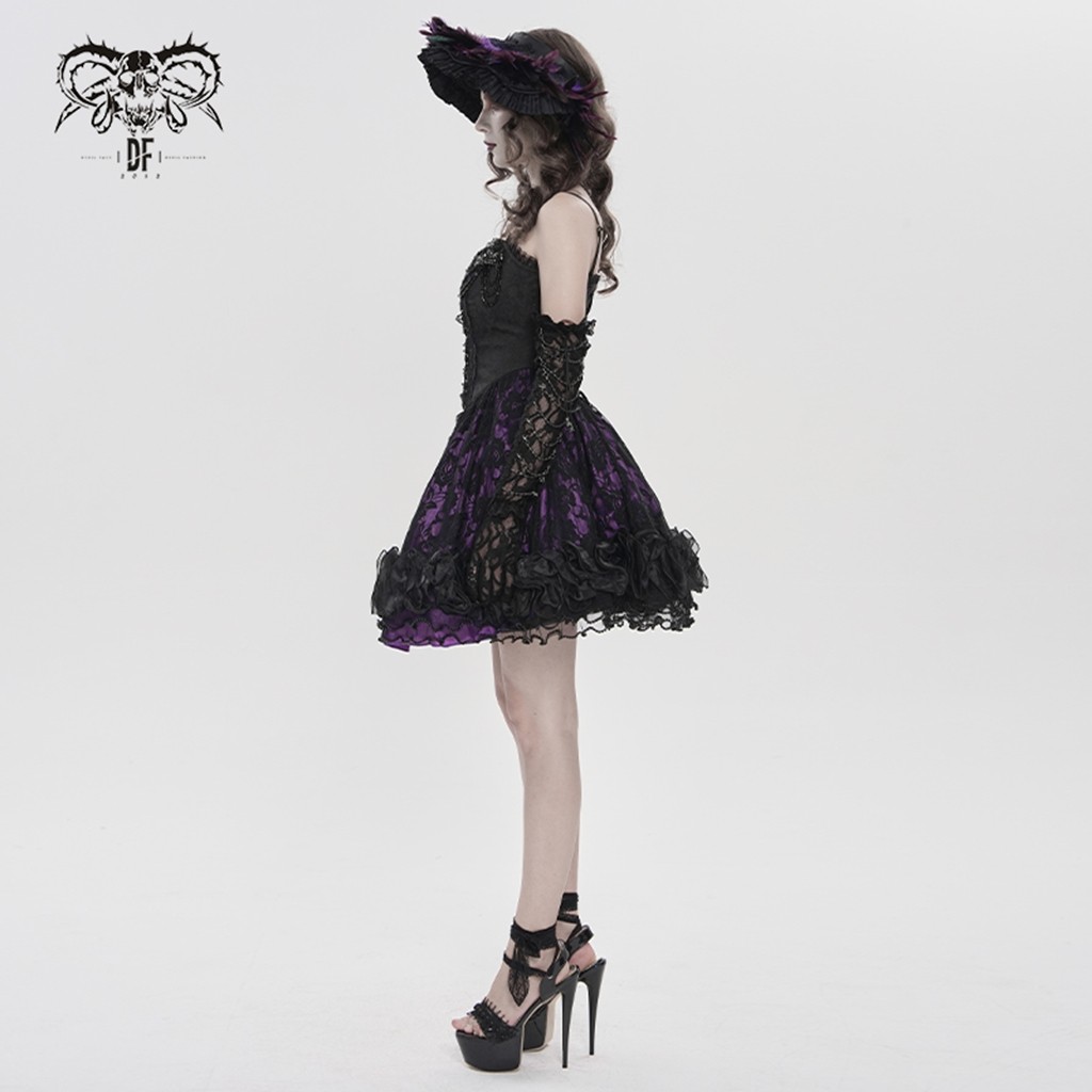 Devil Fashion Women Goth Victorian Beaded Floral Lace Corset Short Lace-Up Dress