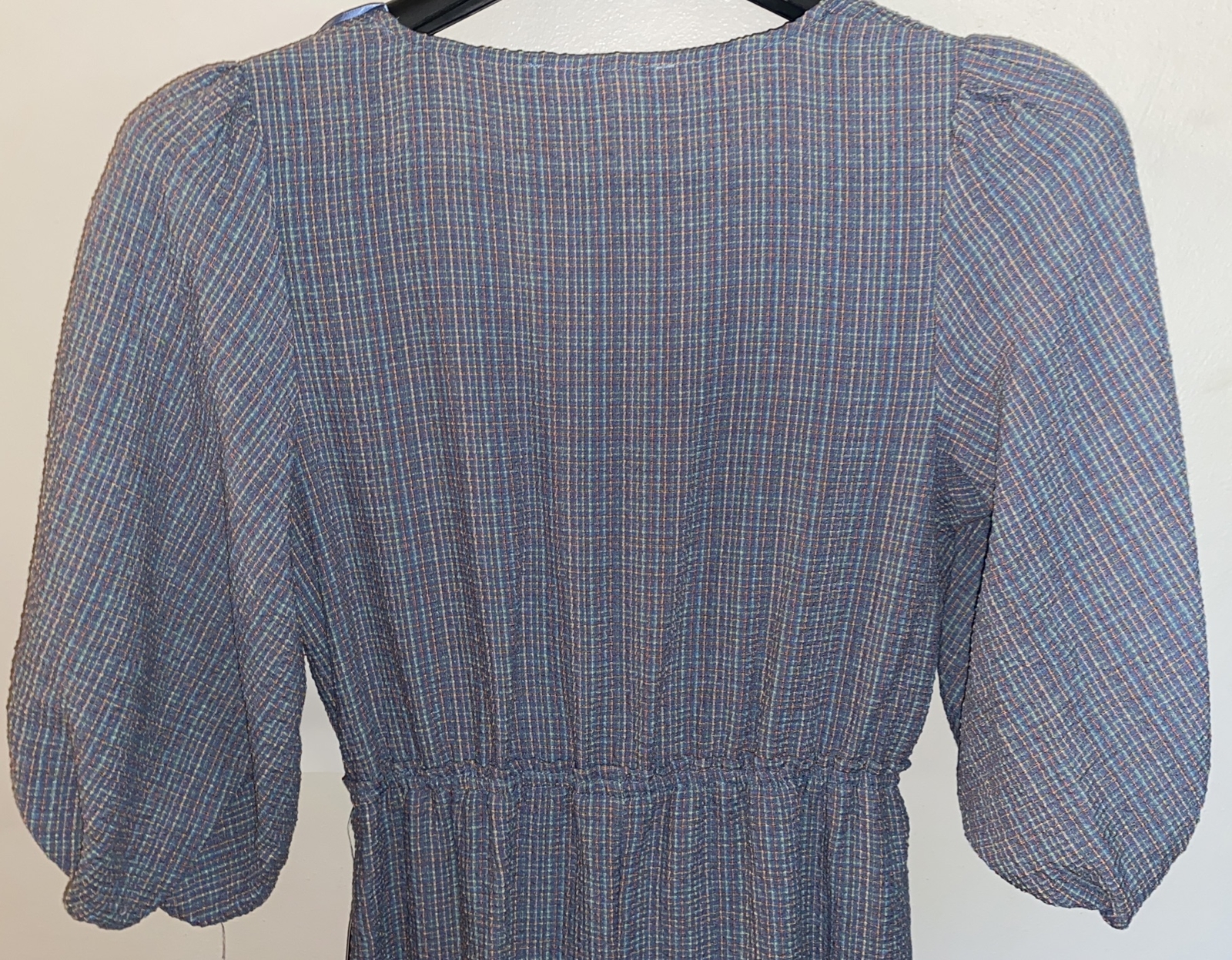 Superfoxx Dress Blue Multicolor Texture Fabric Deep VNeck Hi Low Ruffle Hem