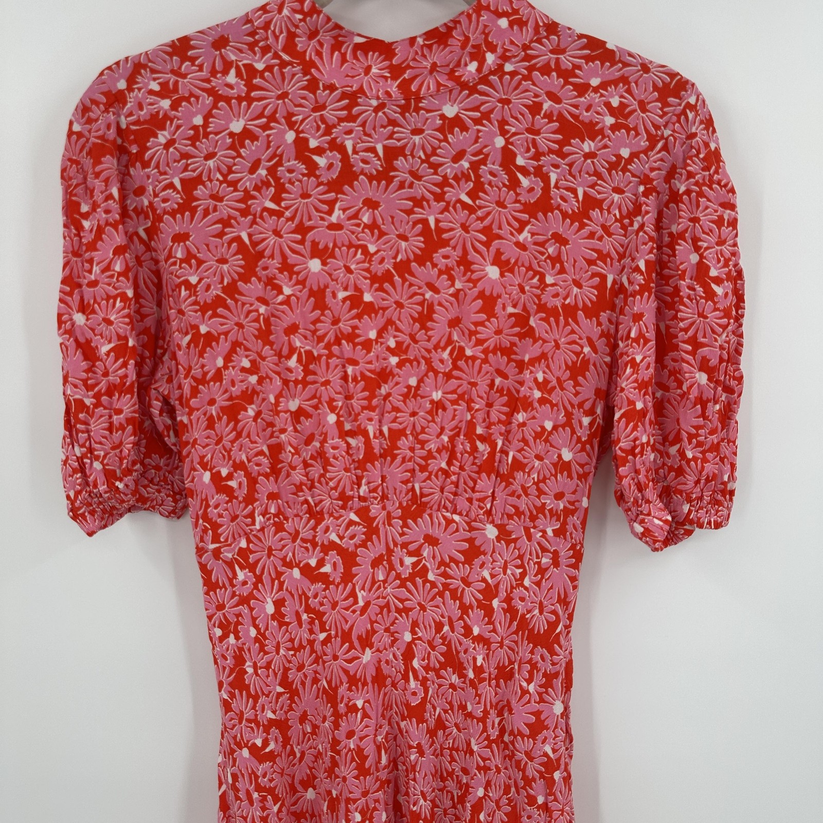 Ghost London Dress Womens Small Red Pink Floral Maxi Puff Sleeve Viscose Boho