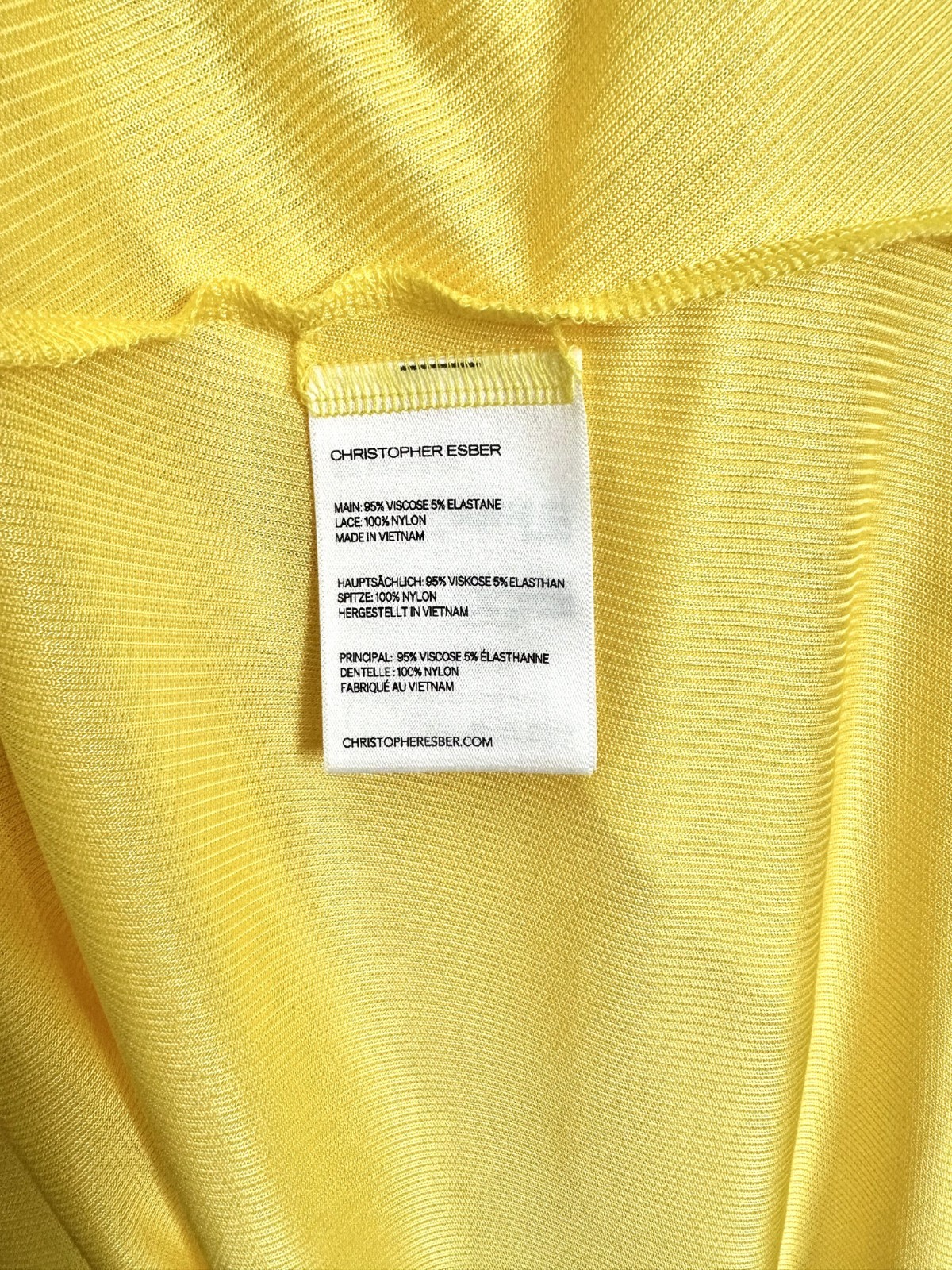 NWT CHRISTOPHER ESBER Yellow Delphin Lace Trim Asymmetrical Rib Midi Dress UK8