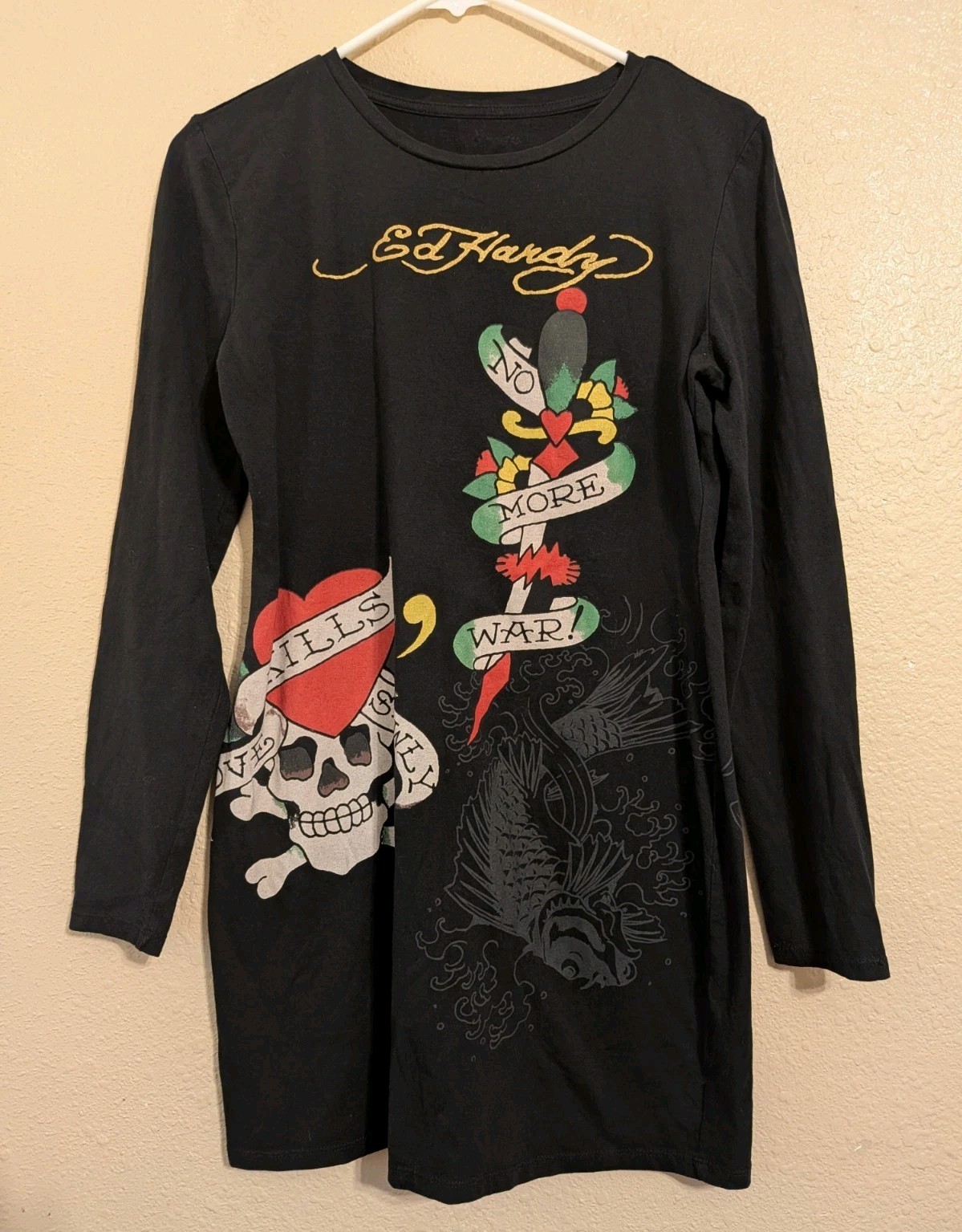 Ed Hardy Women’s Love Kills Long Sleeve Mini Dress Size L Black Y2K Grunge