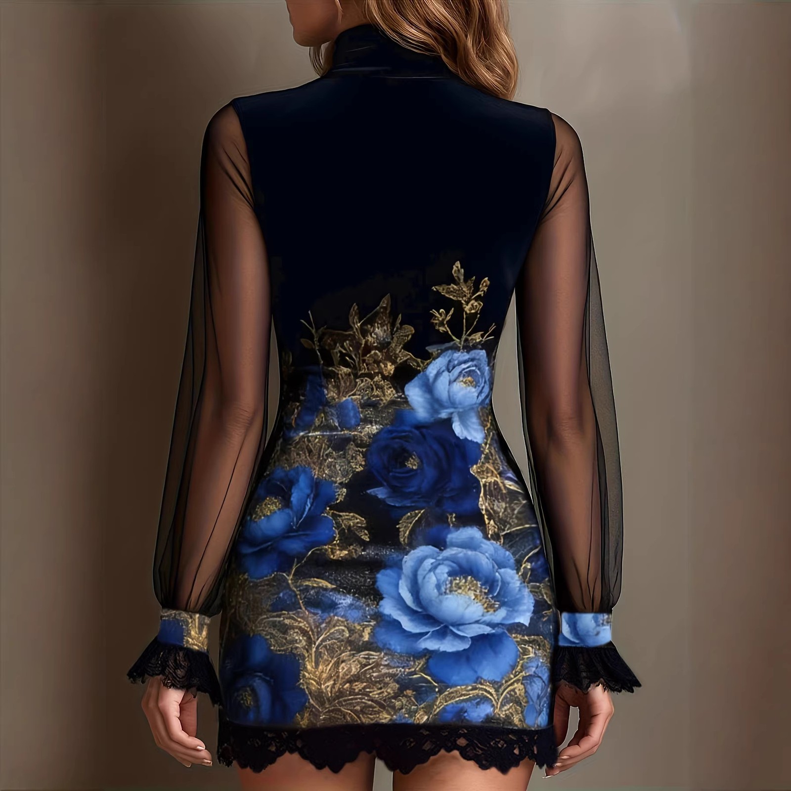 Sexy Lace Trim Patchwork Dress with Elegant Printed Tulle Design Fitted Mini Dre