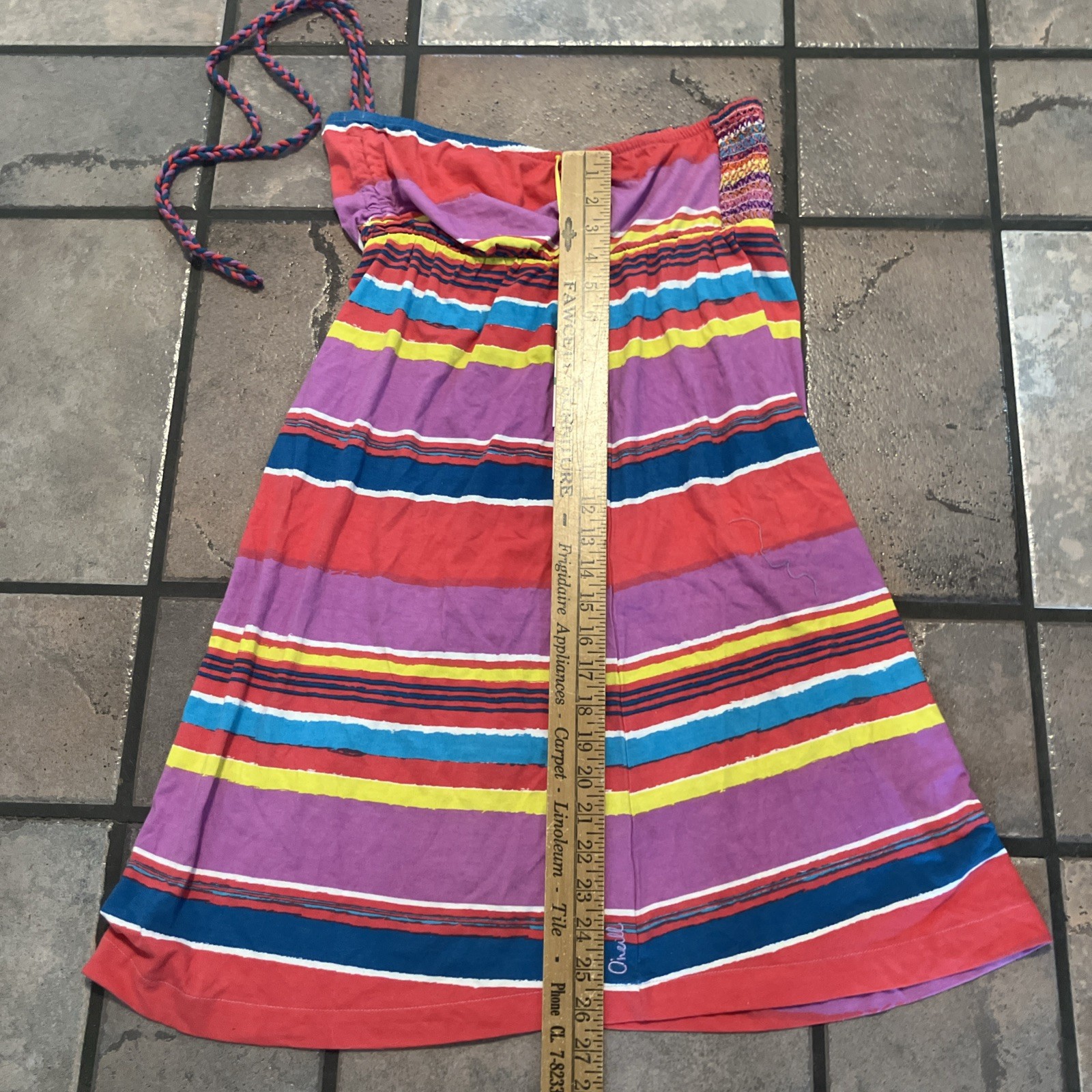 O’Neill striped strapless dress with a braided neck strap.