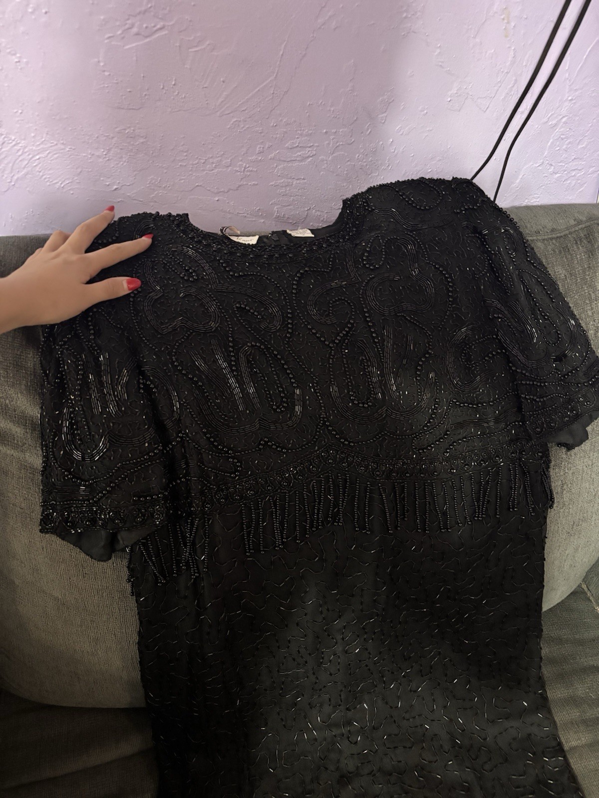 Lawrence Kazar New York Black 1X Beaded Fringe Mini Cocktail Dress
