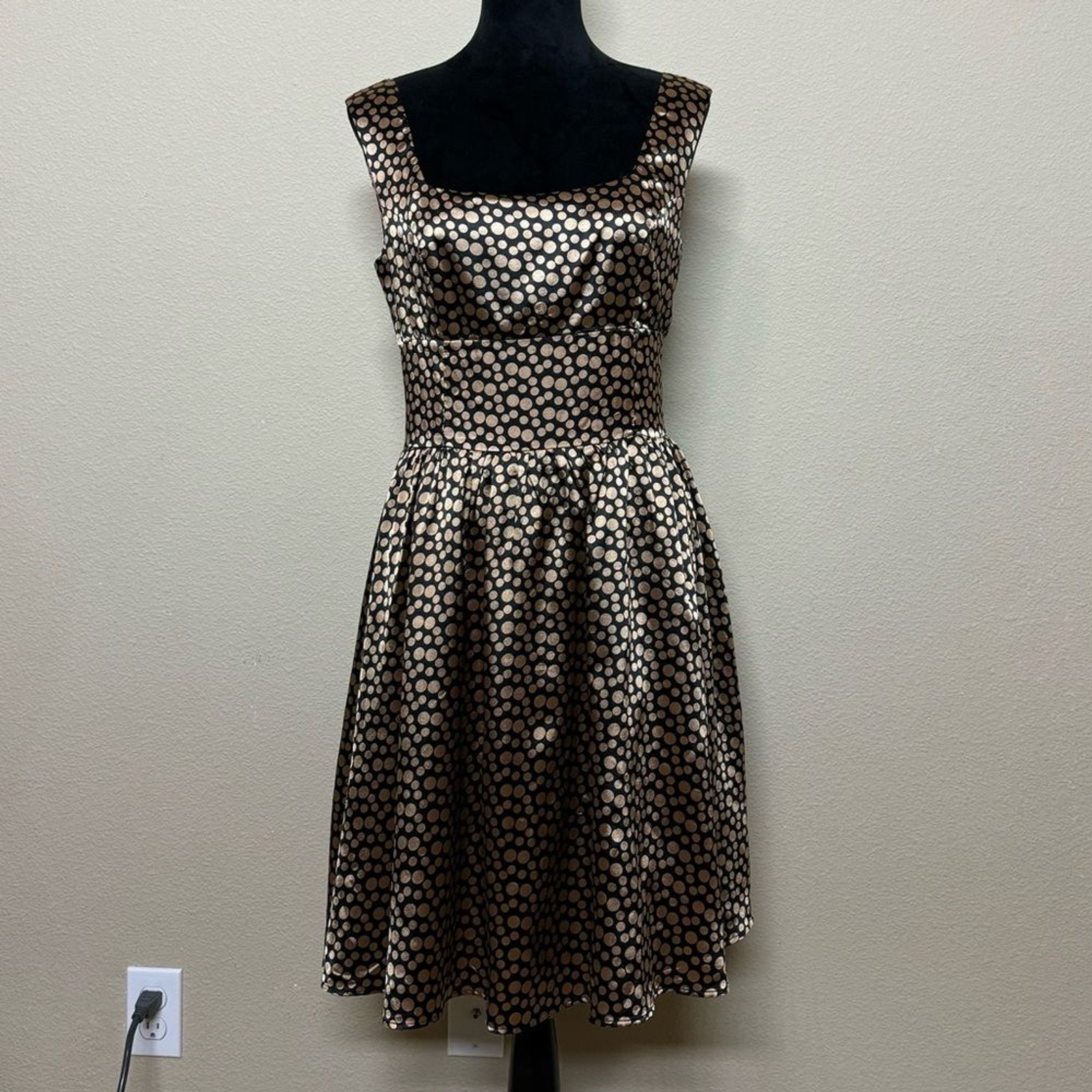 Y Apparel dress women medium vintage metallic polka dot pleated flare tank brown