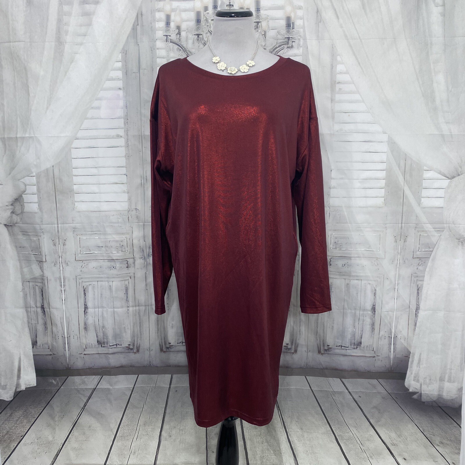 Ralph Lauren Large Solid Burgundy Red Shimmer Jersey Shift Dress Oversized B33
