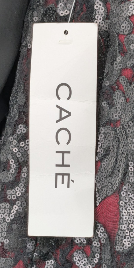 CACH’E Formal Dress Size 12 Black Sequins over Red Lining NWT