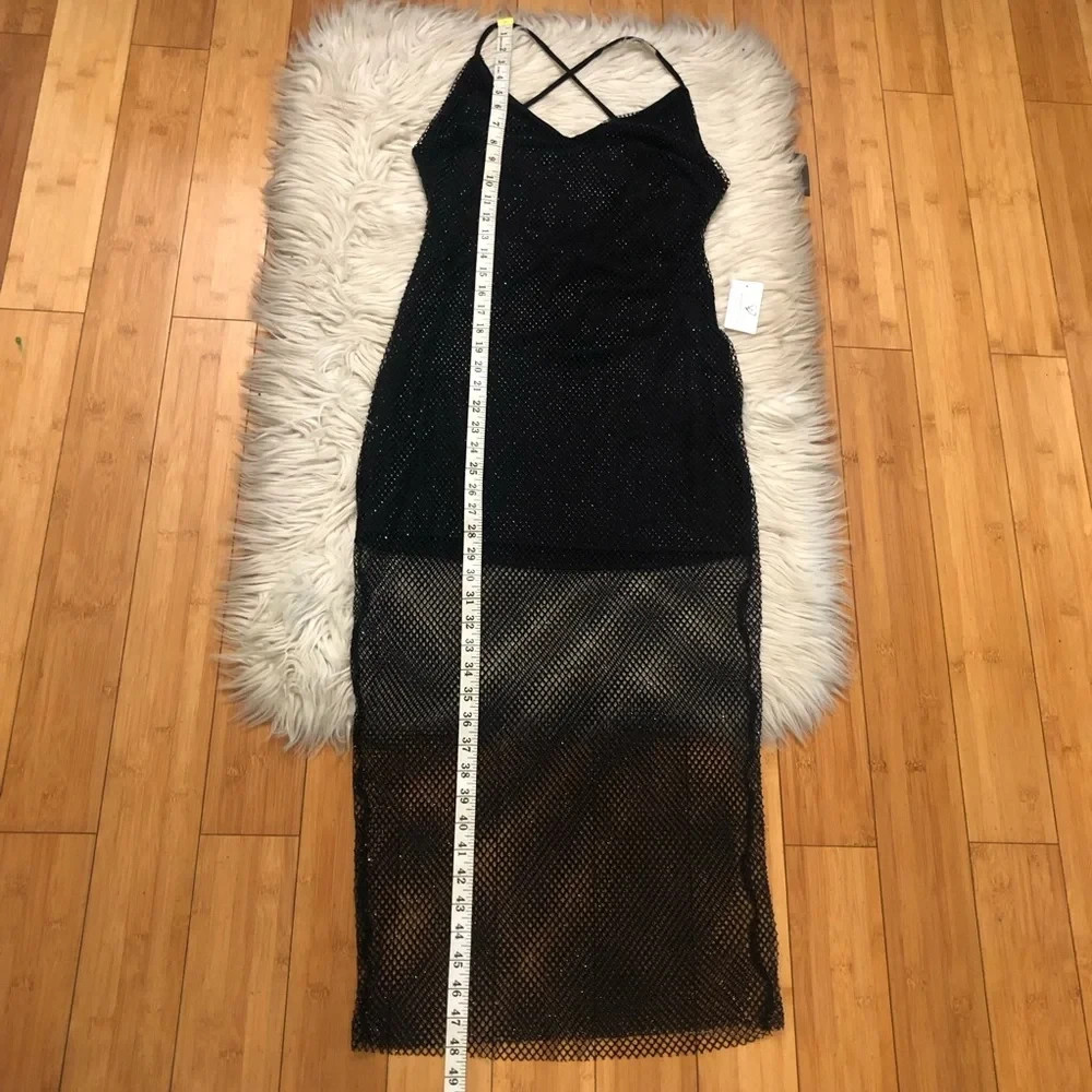 Windsor Good Vibes Fishnet Rhinestone Open Back Black Midi Dress L NWT