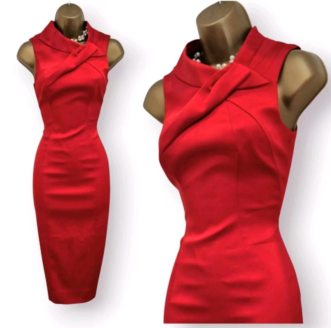 Karen Millen UK 8 Knot Neck Scarlet Red Satin Wiggle Pencil Occasion Dress