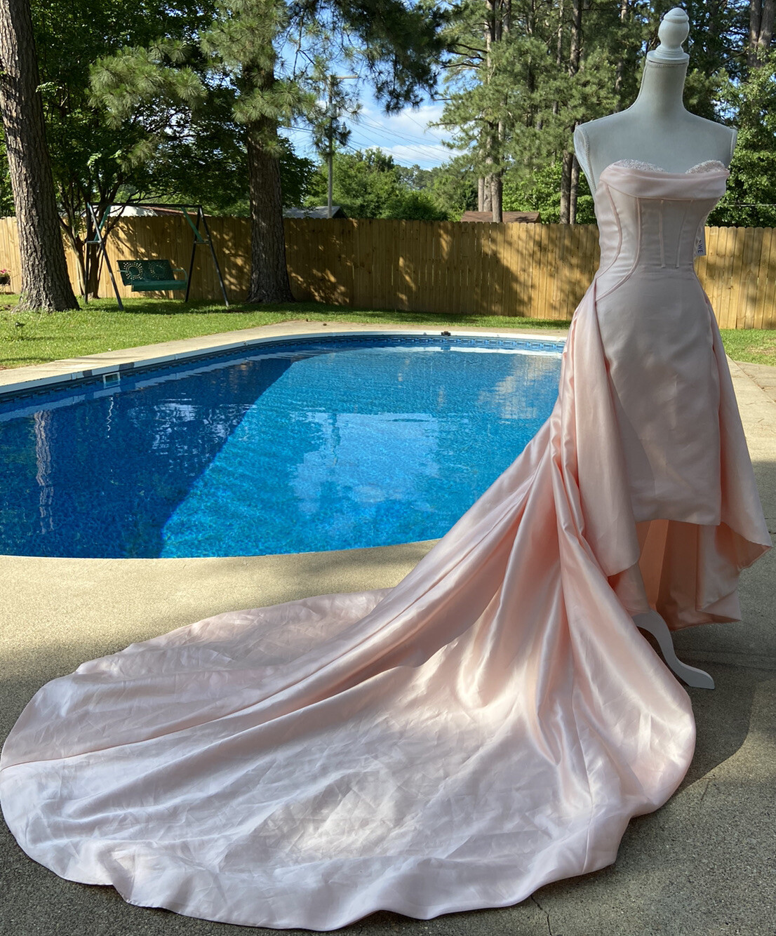 Royal We Pink Satin Formal Dress Gown Huge Long Train Size Small Elegant Unique