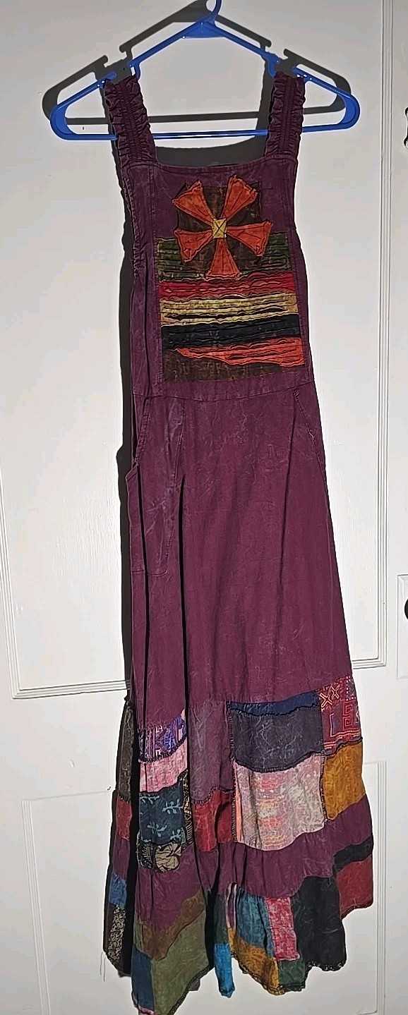 Bohemian Patchwork Floral Pinafore Dress Square Neck Button Strap Applique
