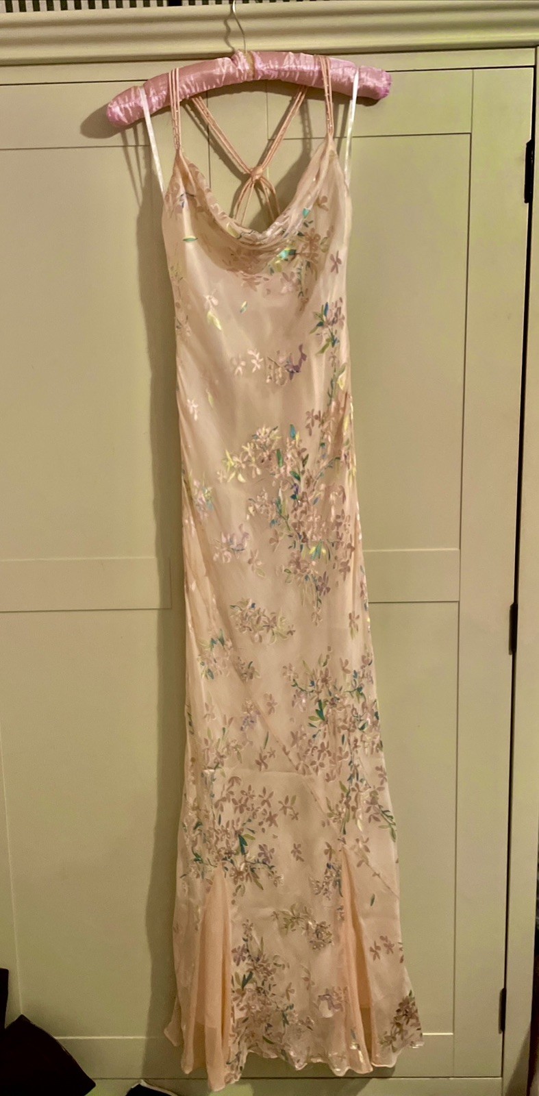 90s Monsoon bias cut Silk Floral Long Dress UK 8 Baby Pink Y2k Embellished
