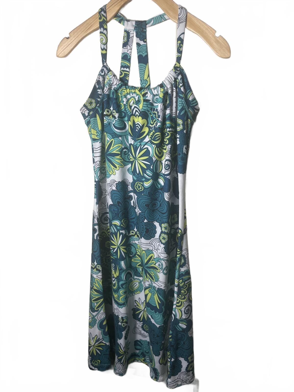 Prana Breathe Floral Skull Halter Midi Dress Women’s Small Blue Green Summer