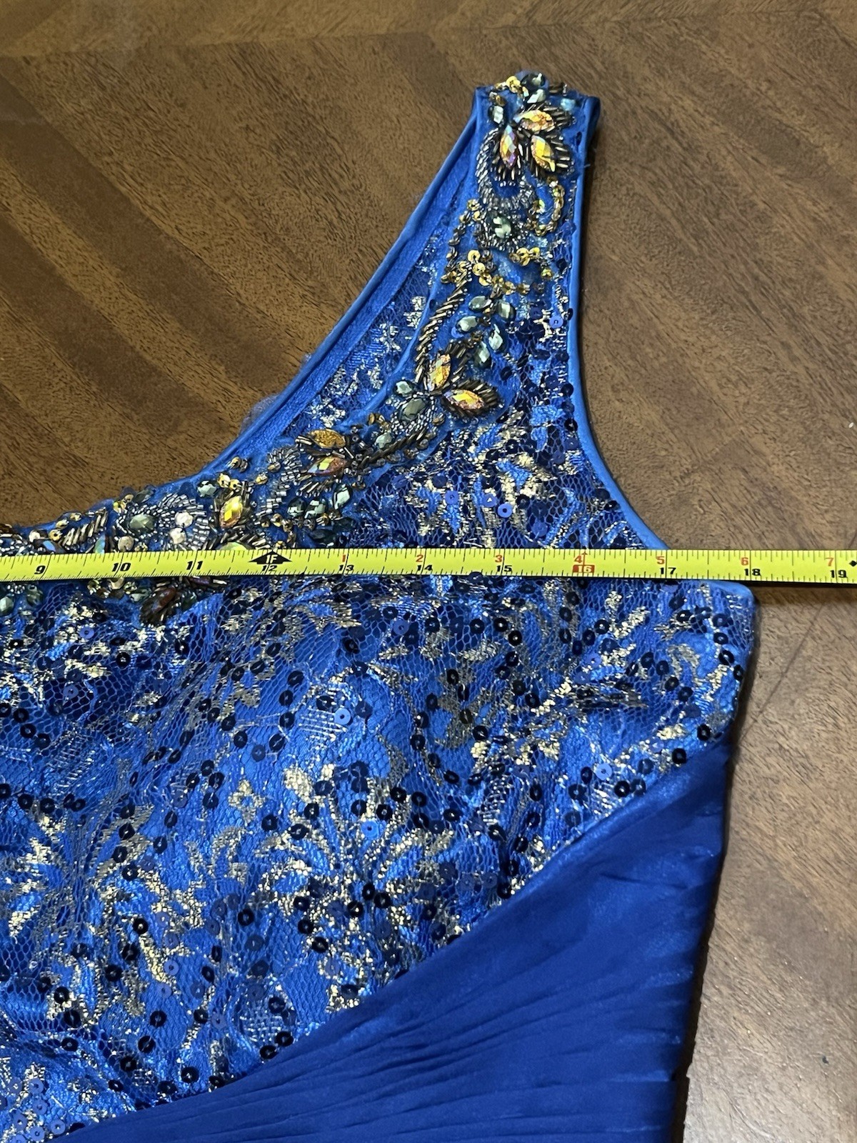 Dancing Queen 6 Royal Blue & Gold Beaded One Shoulder Dress Prom Formal Vintage