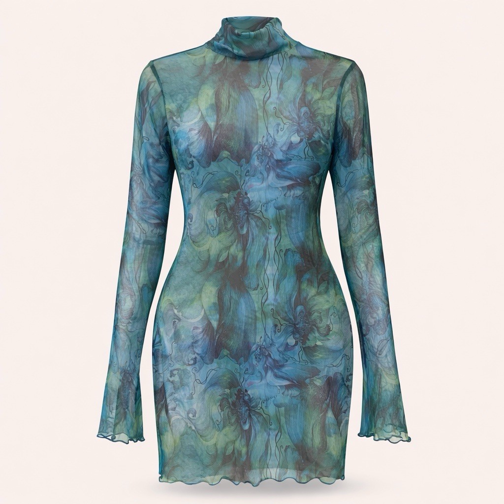 Sexy See through Mesh Mini Summer Dress Ethereal Print Sheer Y2K Cyber Grunge L