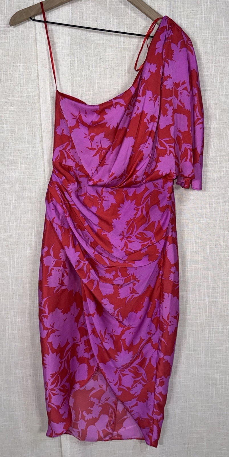 DO+BE One Shoulder Floral Midi Dress Pink Red Ruched Tulip Hem GY0612QYC Size L
