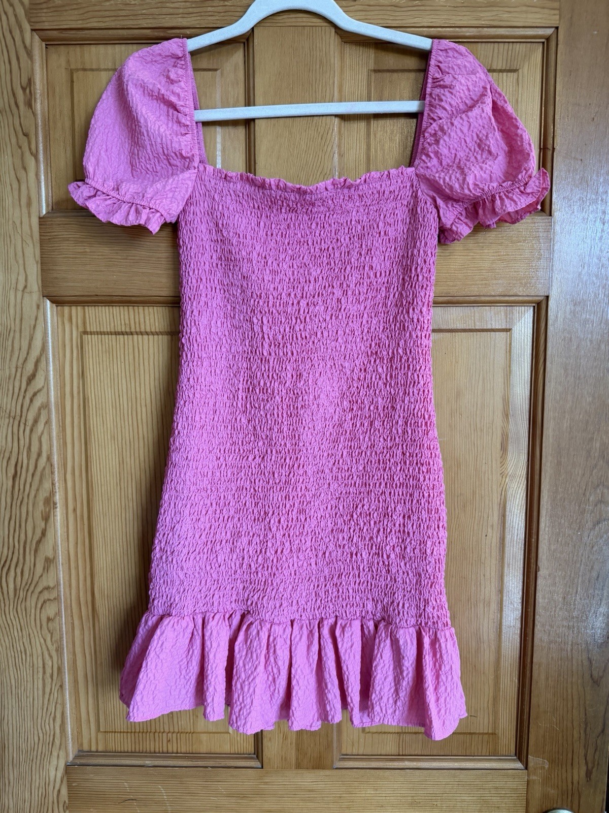 Zara Pink Smocked Bodycon Mini Dress Puff Sleeve Square Neck Stretch S