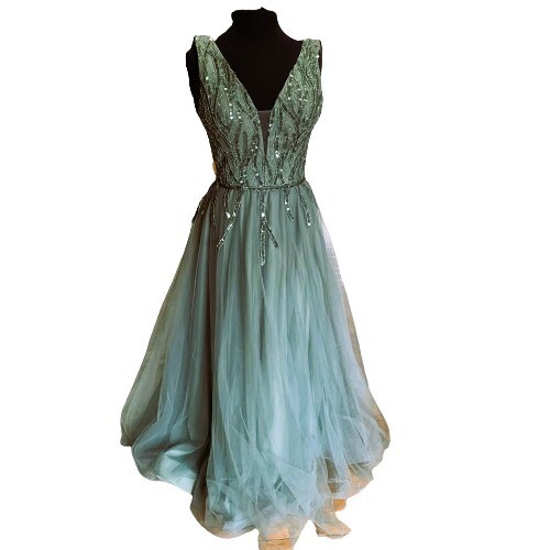 Beautiful formal full length gown Homecoming Prom Quinceanera Sea Mist Beaded