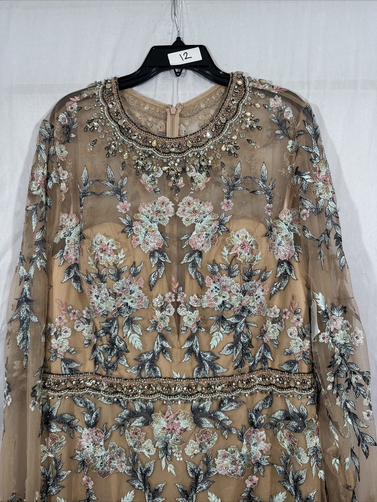 NWT $798 Mac Duggal [ 14 ] Floral Embroidered Long Sleeve Trumpet Gown Nude Q624