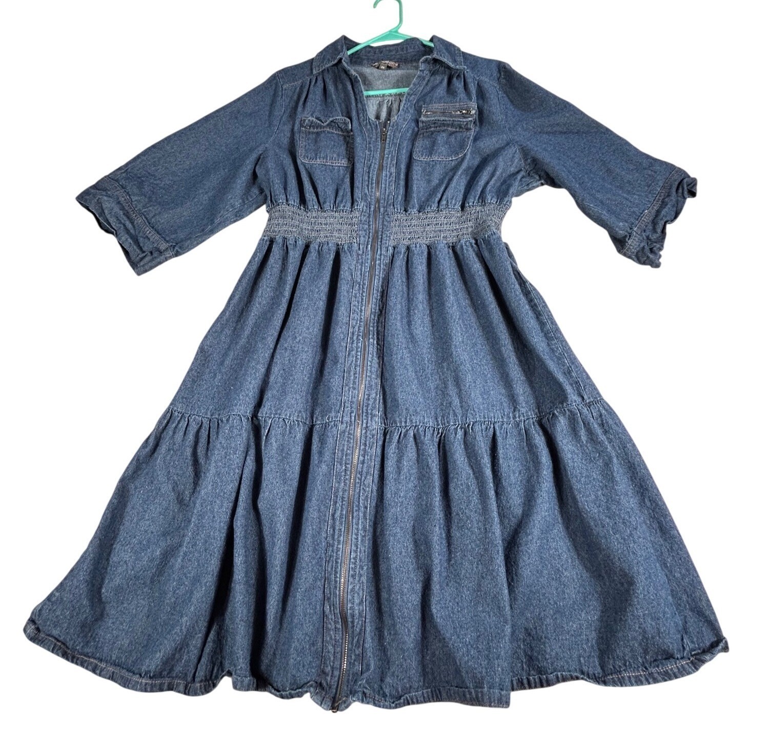 J Gee Blue Denim Dress Sz 2XL Smocked Waist 3/4 Roll-Tab Sleeves & Front Zipper