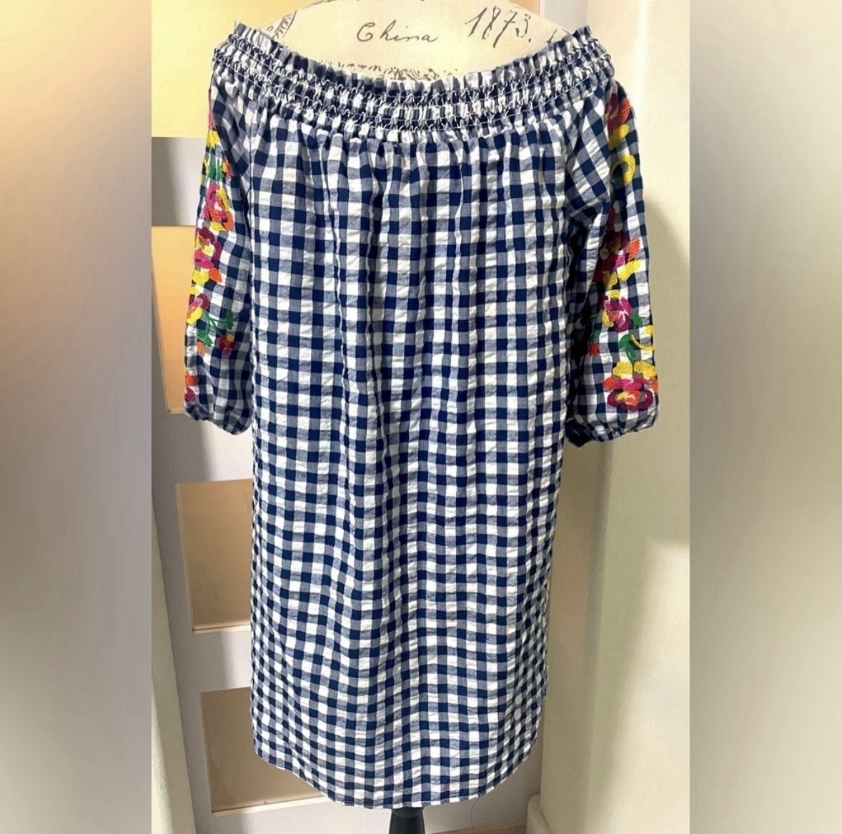 Skies Are Blue Sz M Shift Dress Mini Tunic Off Shoulder Cotton Embroidered Blue
