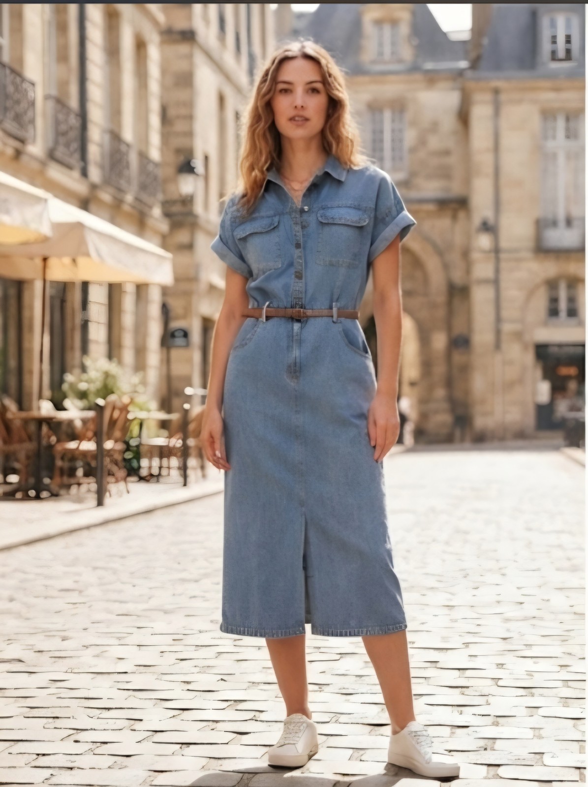 Given Kale Blue Denim Solid Shirt Dress Button-Front Belted Pockets Midi M