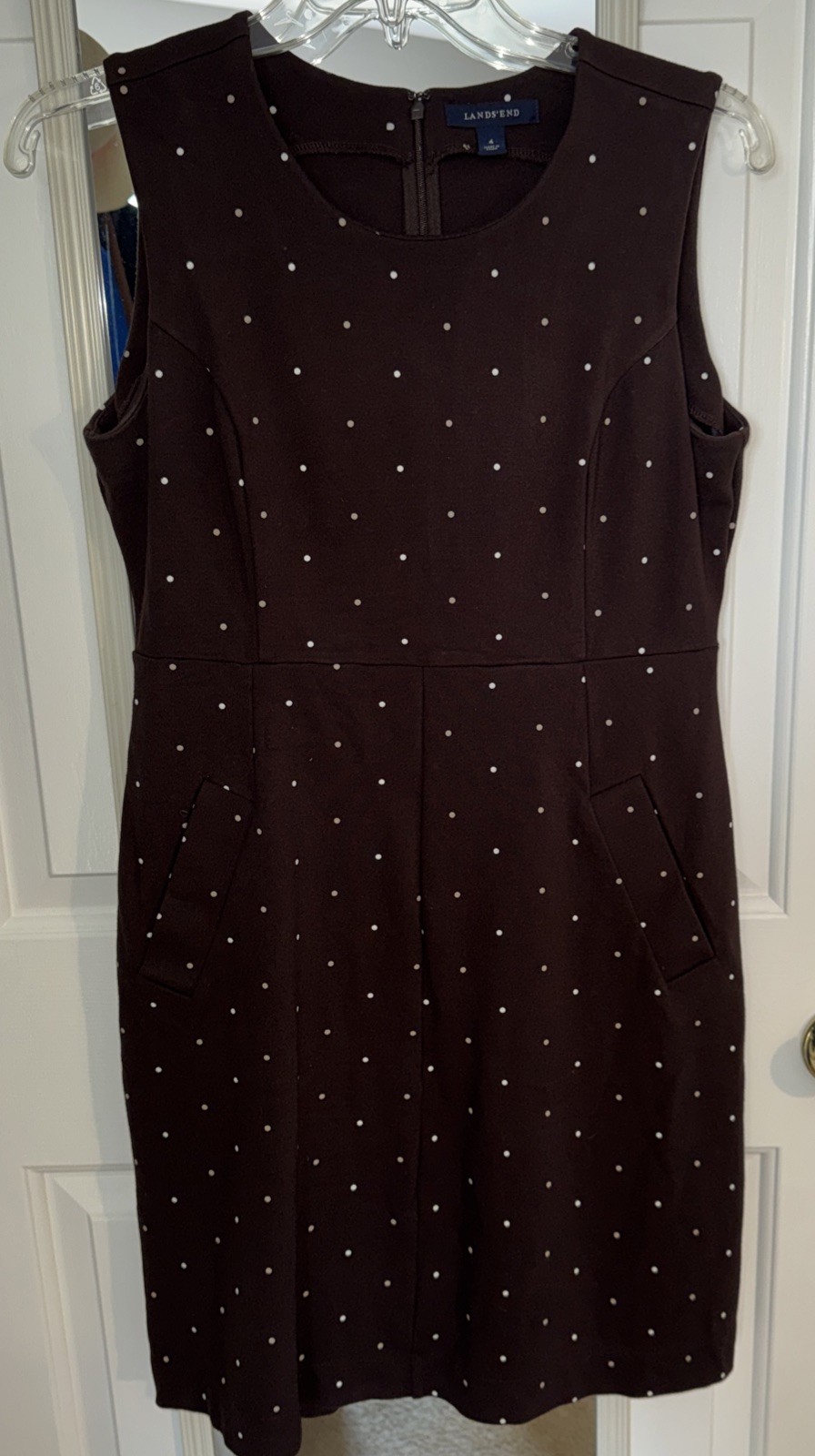 Lands End Brown Polka Dot Dress 4 Ponte Knit Pockets Preppy Classic Retro Casual