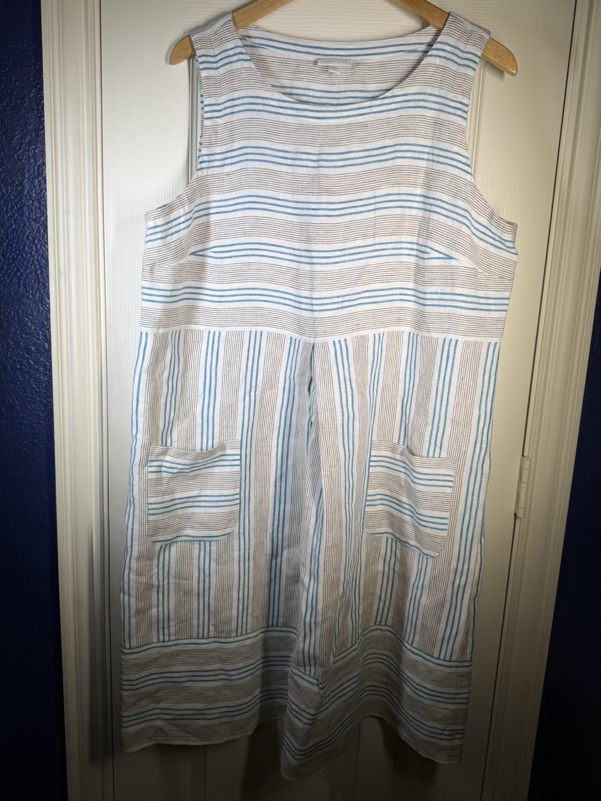 J. Jill Love Linen Women’s Striped Sleeveless Shift Dress Coastal Pockets Sz L