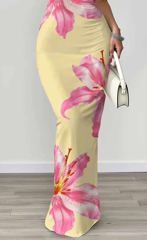 NEW Med. Elegant Sleveless Ruched Soft YELLOW Maxi Dress w Pink & White Flowers