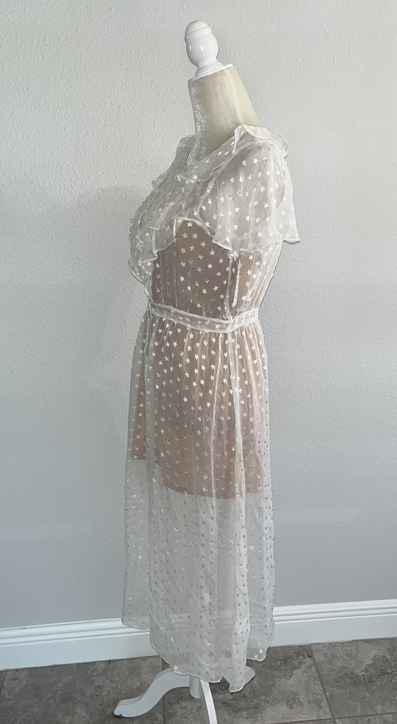 FOR LOVE AND LEMONS Firecracker Button Ruffle Midi Dress Cream Sheer Star S New