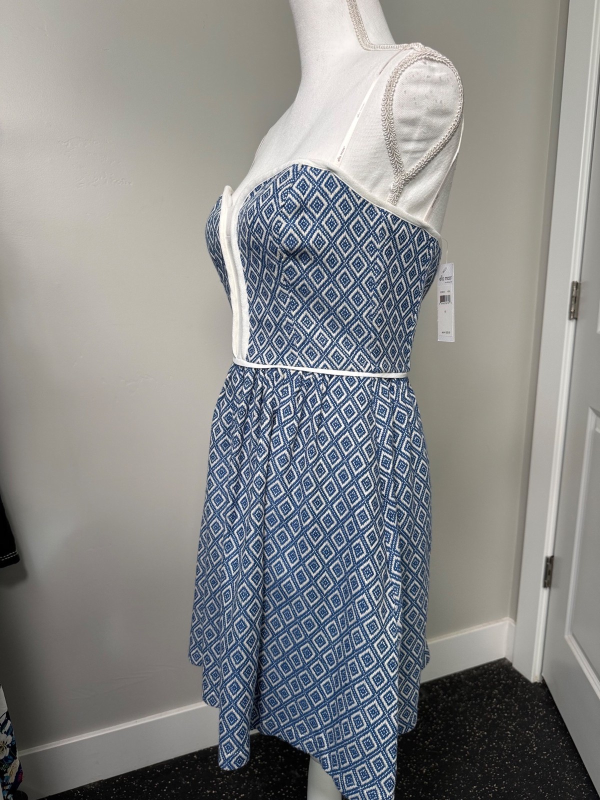 Ella Moss Blue White Diamond Print Strapless Dress S Fit & Flare Cotton Blend