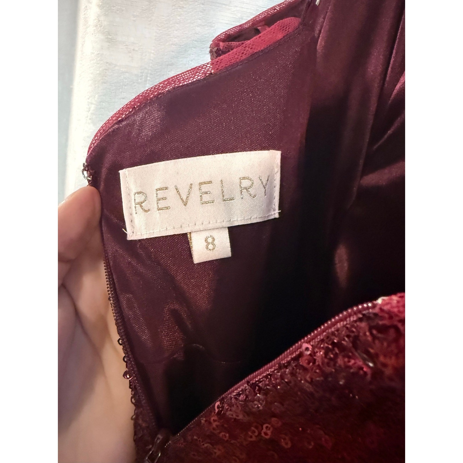 Revelry Rava Sequin Dress Cabernet Size 8 Bridesmaid Formal Maxi Gown Slit