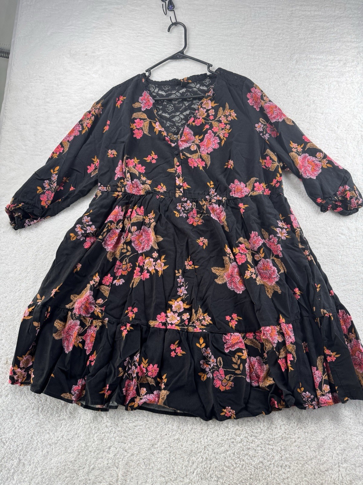 Torrid Plus Size 2 A-Line Black Pink Floral Lace Yoke V-Neck 3/4 Sleeve Dress