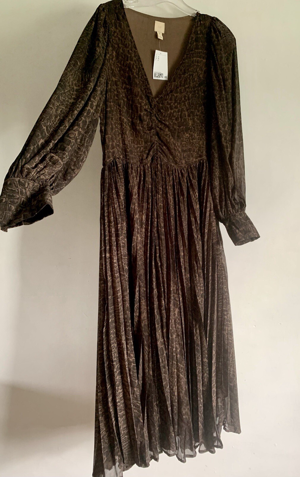 BNWT HM BLACK & BROWN CROCODILE PRINT LONG SLEEVES PLEATED MAXI DRESS SIZE: 10