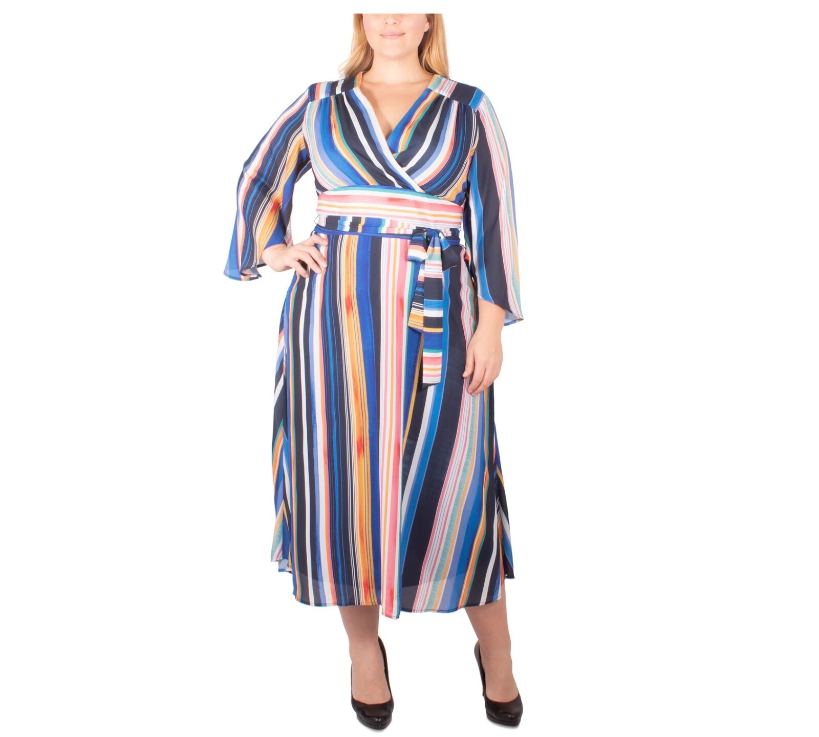 NY Collection Womens Plus 1X Multicolor Striped Belted Wrap Maxi Dress NWT BB30