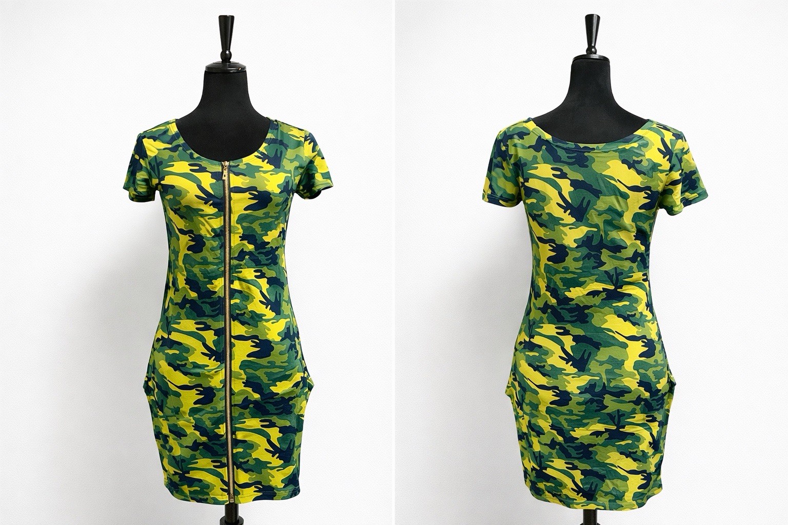 Camouflage Zip Front Green Yellow Black Short Sleeve Round Neck Bodycon Dress