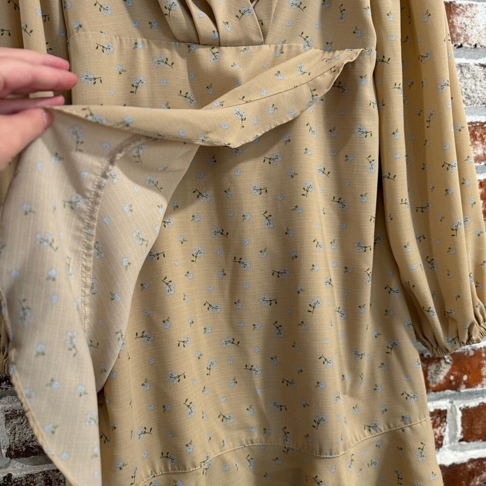 AND NOW THIS Ruffle Pleated A-Line Mini Dress Tan Blue Floral M Cottagecore Boho