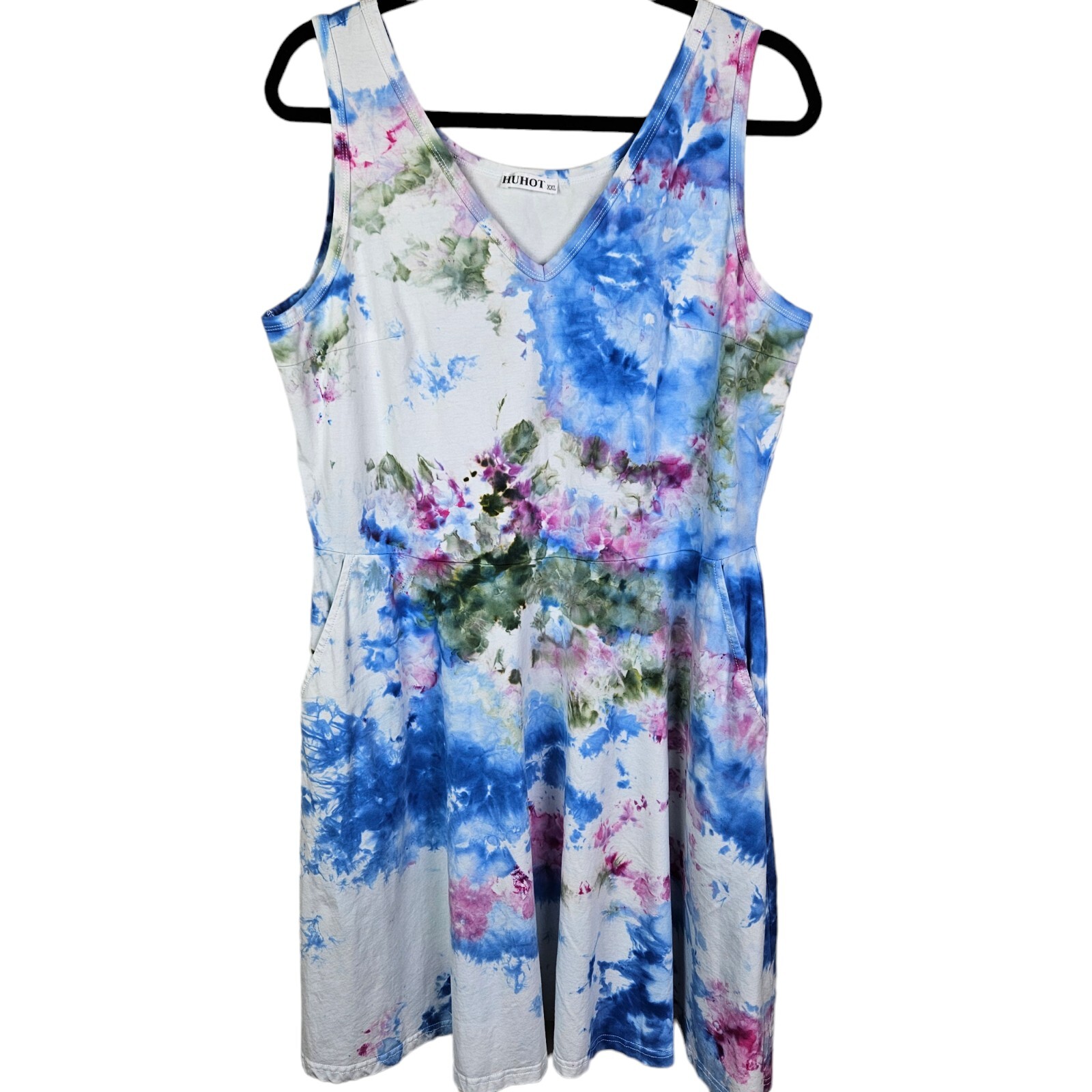 Cotton Spandex Custom Tie Dye Pink Purple Green V-Neck Dress Size XXL Pockets