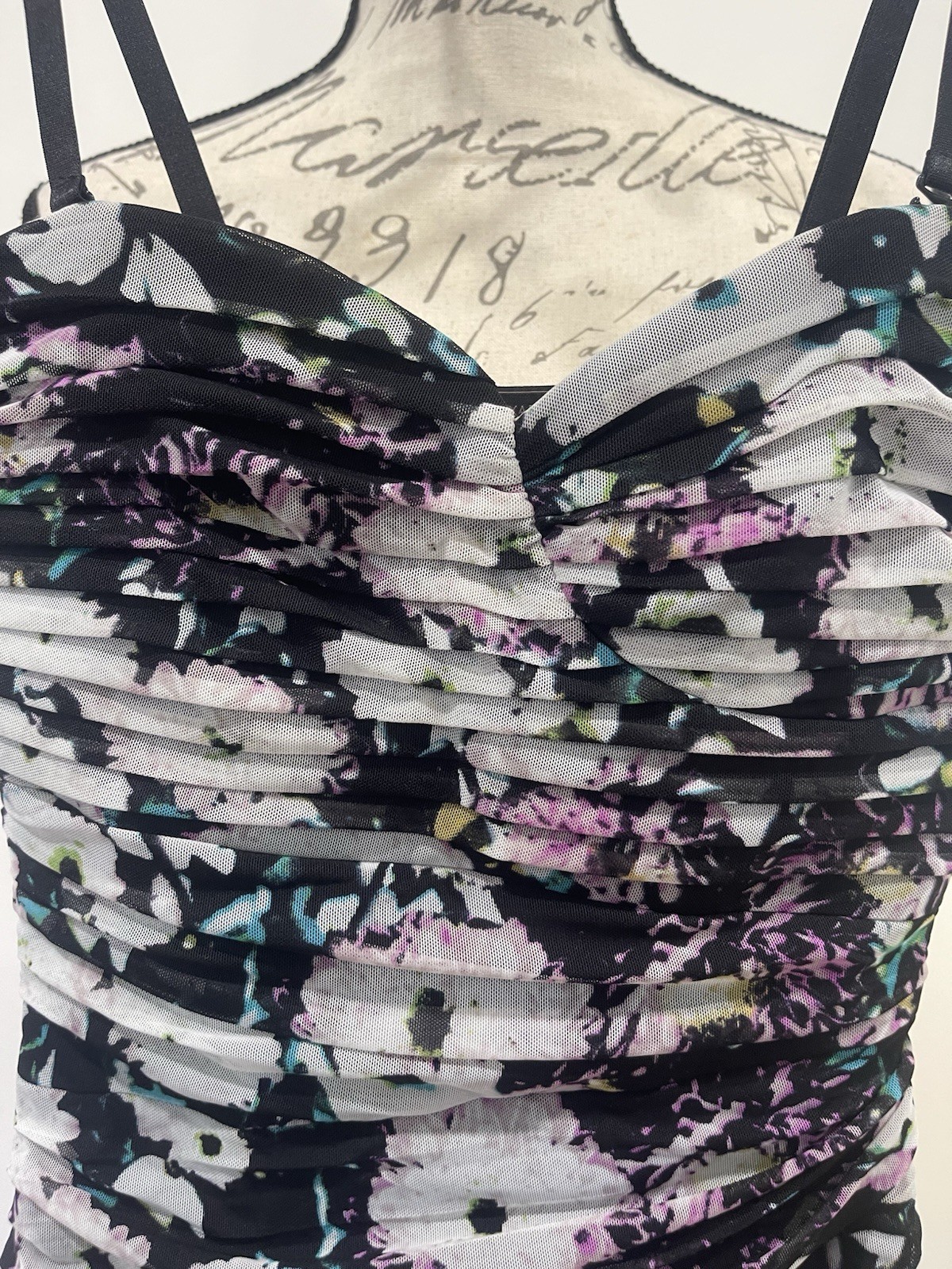 BCBGMAXAZRIA Floral Ruched Mesh Bodycon Mini Dress Spaghetti Strap Sz 02