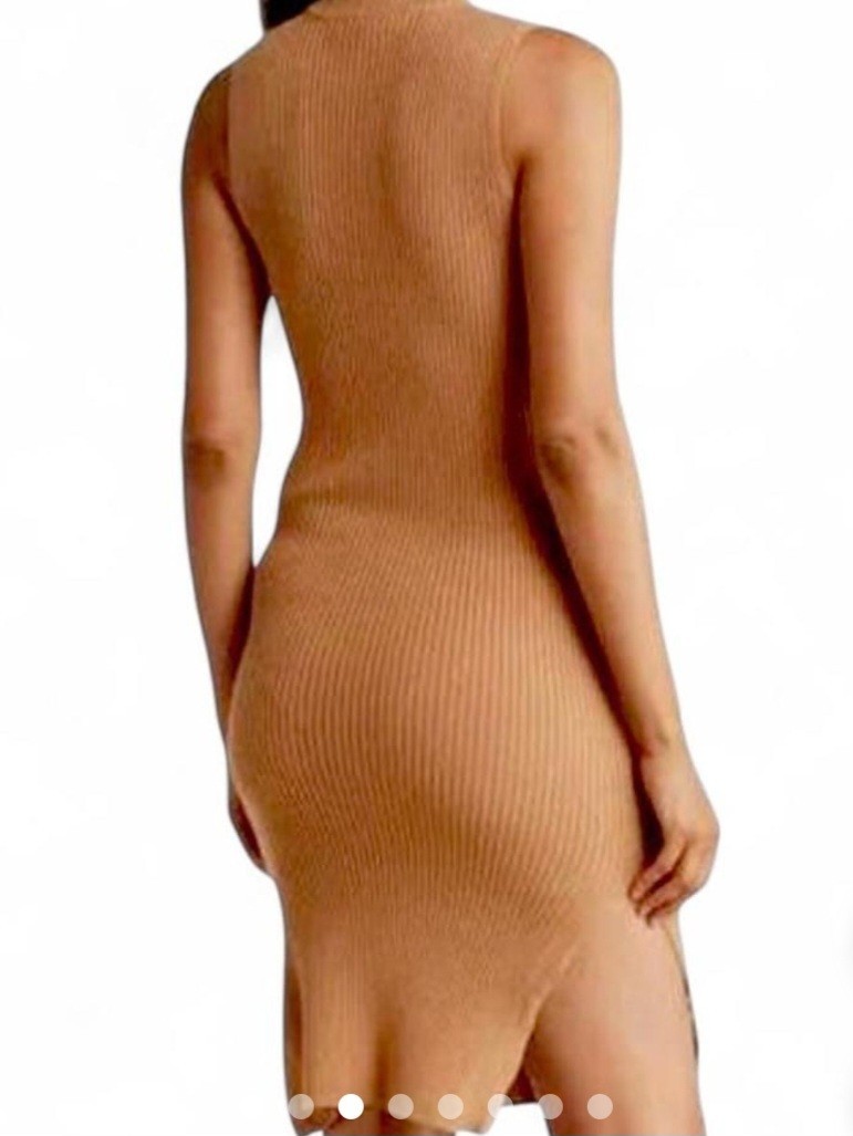 Magaschoni Womens Tan Ribbed Knit Mock Neck Sleeveless Midi Dress S/P