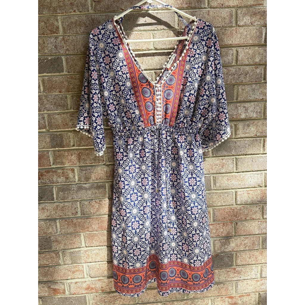 Passager Boho Beach Cover Up Dress EU 40 M Medallion Print Pom Trim