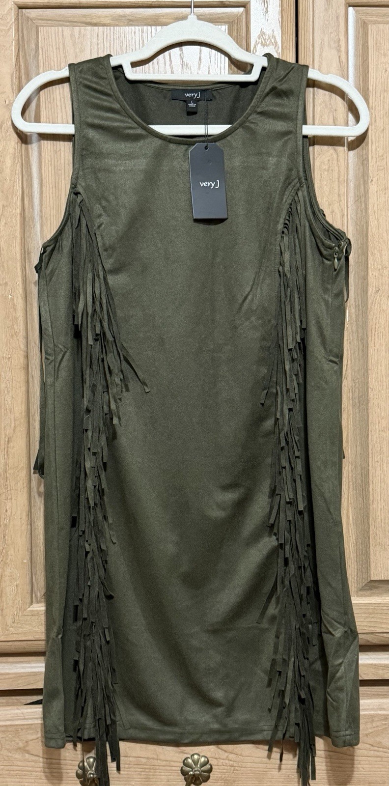 Very J Faux Suede Fringe Shift Tank Dress Western Boho Olive Green Sleeveless L