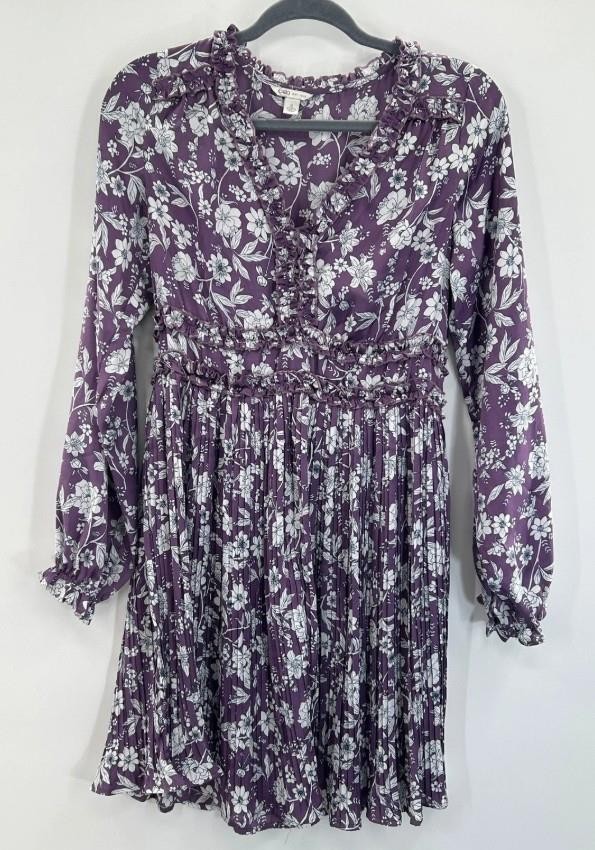 NEW NWT Purple Floral Sz Large Ruffled Pleated Silky Long Sleeve Mini Dress CATO