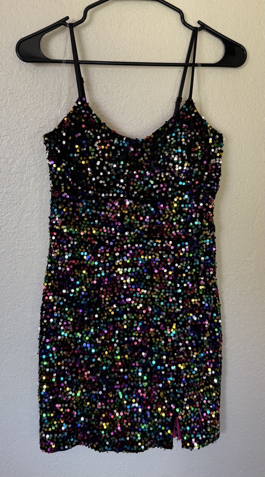 Pear Culture Women Sz 7/8 Sequin Spaghetti Strap Rainbow Mini Dress Party Vegas