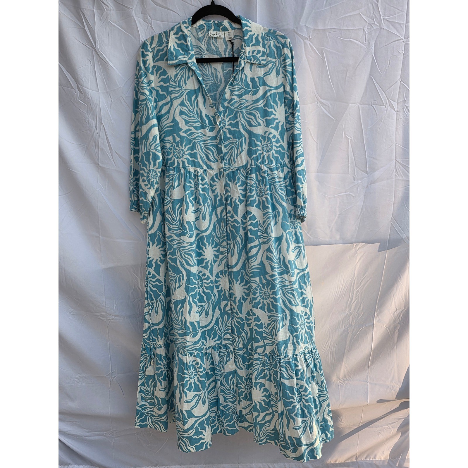 Nicole Miller New York Blue White Linen Blend Shell Print Tiered Midi Dress L