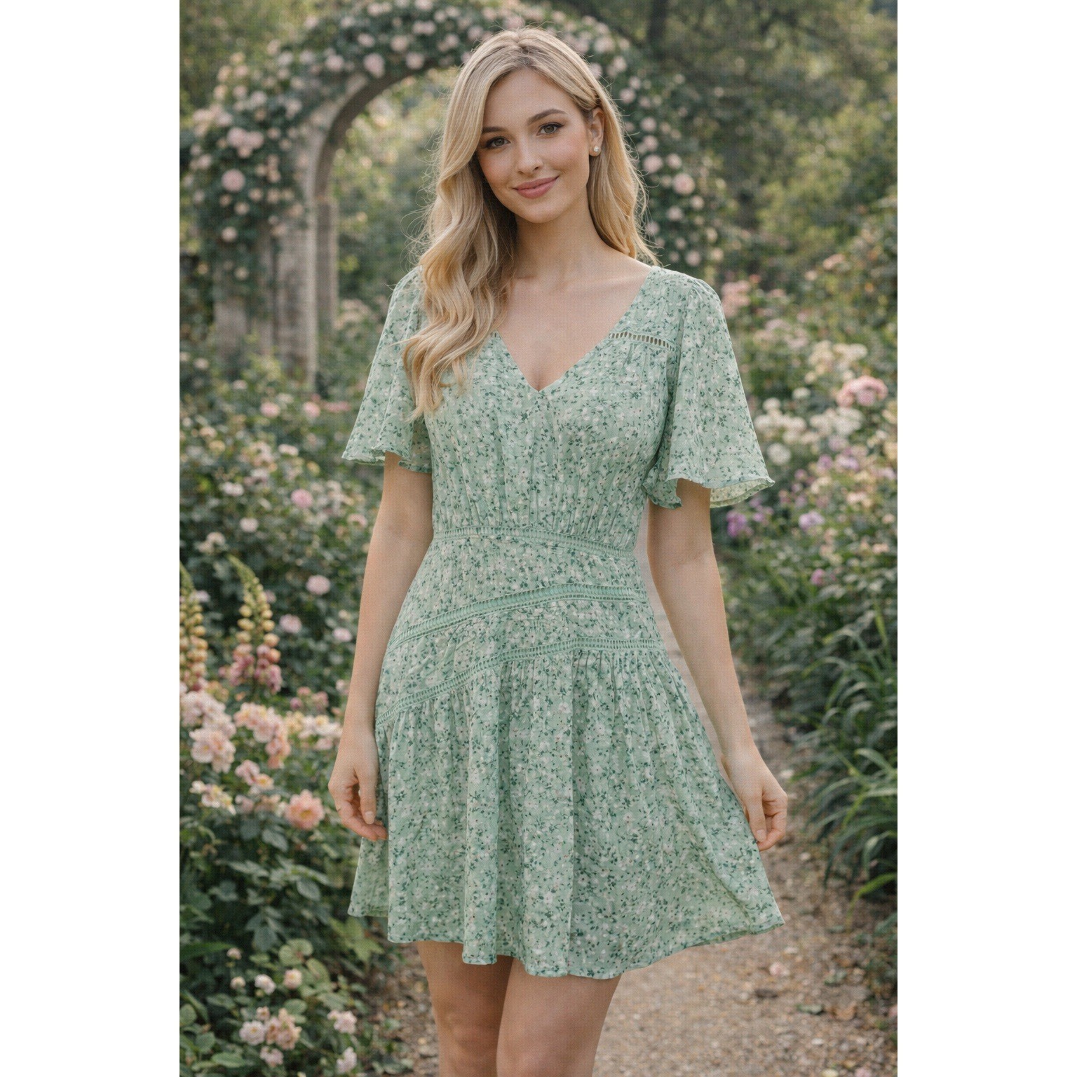 Tularosa Revolve Dress Medium Sage Green Floral Open Back Flutter Sleeve Boho