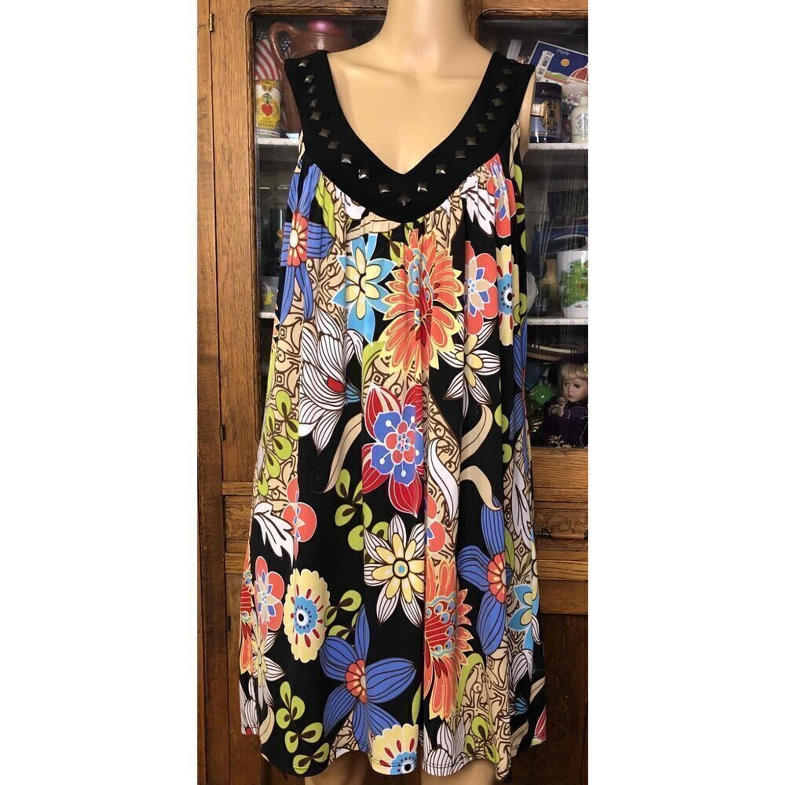 Tiana B Multicolor Floral Sleeveless Sundress Studded Trim Vneck Womens XL